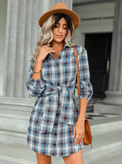 Seasonal single breasted fashionable plaid lace waist dress