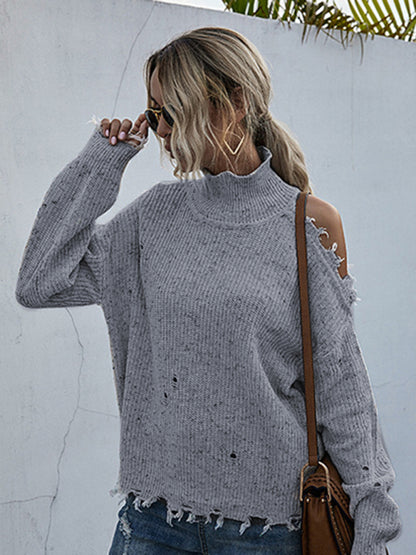 Loose off shoulder hole long sleeve high neck autumn knitted sweater for women