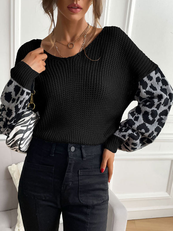 Women's thin round neck knitting pullover leopard print splicing sweater for women