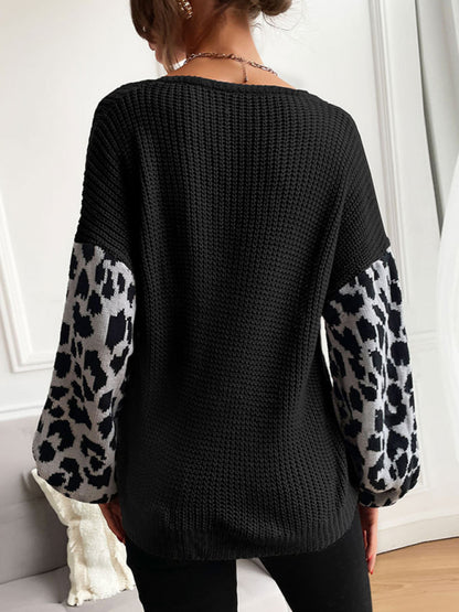 Women's thin round neck knitting pullover leopard print splicing sweater for women