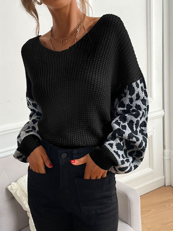 Women's thin round neck knitting pullover leopard print splicing sweater for women