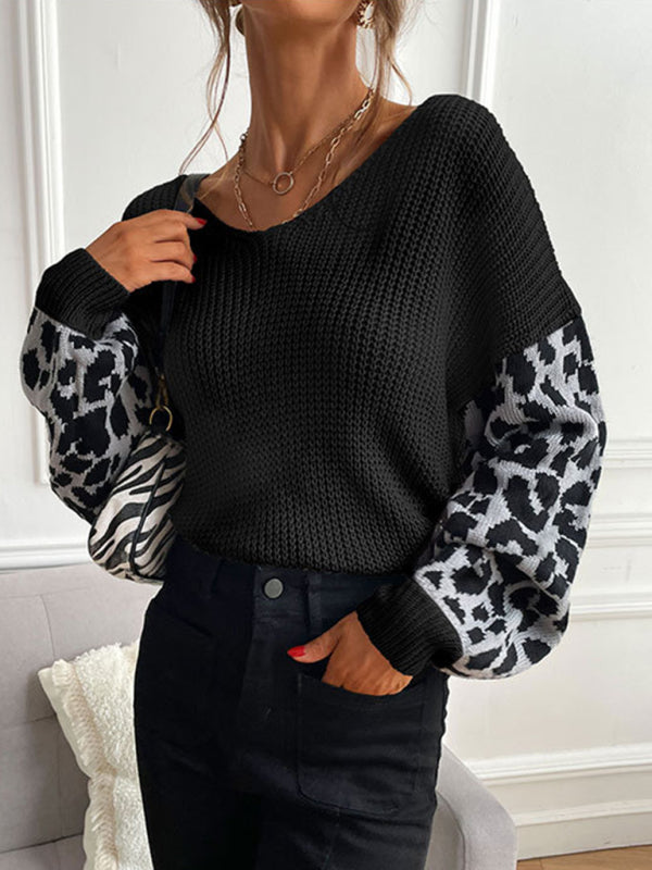 Women's thin round neck knitting pullover leopard print splicing sweater for women