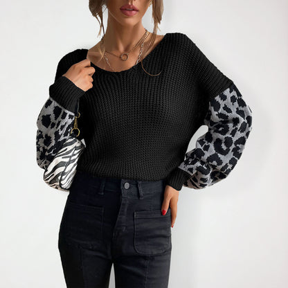 Women's thin round neck knitting pullover leopard print splicing sweater for women