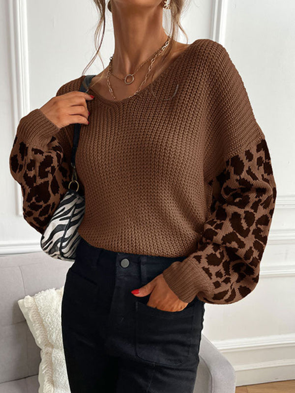 Women's thin round neck knitting pullover leopard print splicing sweater for women