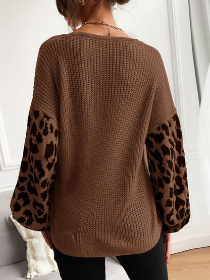 Women's thin round neck knitting pullover leopard print splicing sweater for women