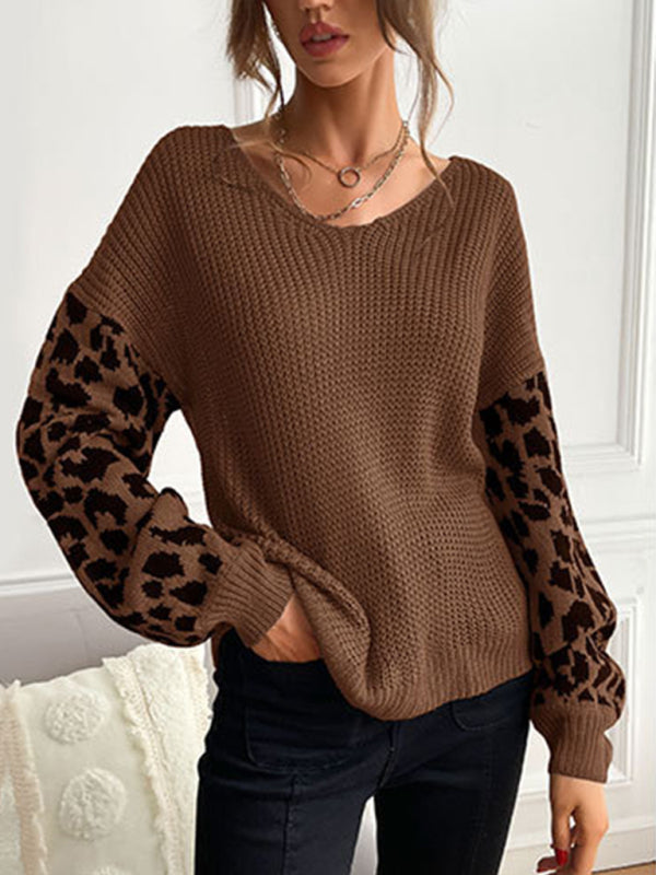 Women's thin round neck knitting pullover leopard print splicing sweater for women