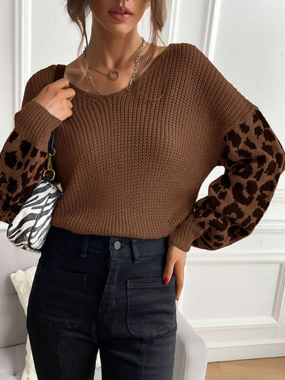 Women's thin round neck knitting pullover leopard print splicing sweater for women