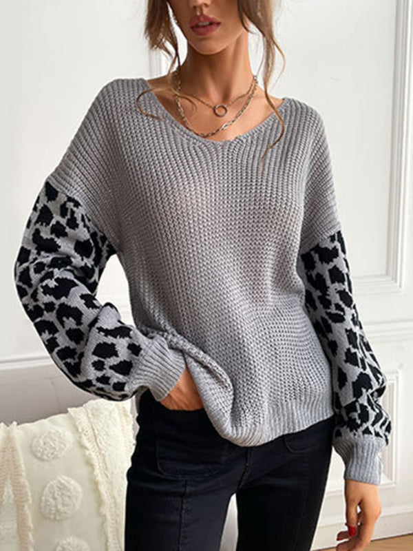 Women's thin round neck knitting pullover leopard print splicing sweater for women