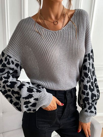 Women's thin round neck knitting pullover leopard print splicing sweater for women