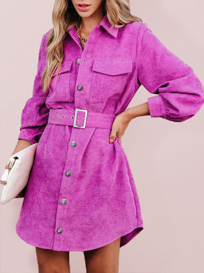 Women's casual solid color corduroy tie shirt dress