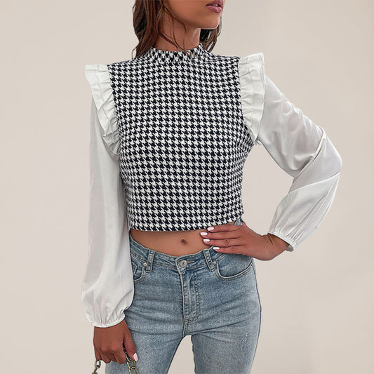 Women's Woven Mock Neck Long Sleeve Houndstooth Shirt