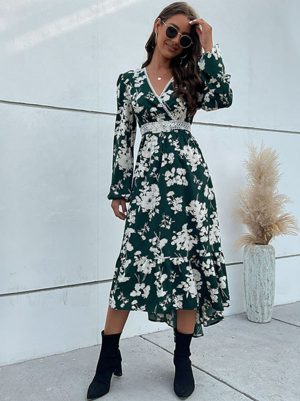 Women's woven ruffled long-sleeved printed irregular dress