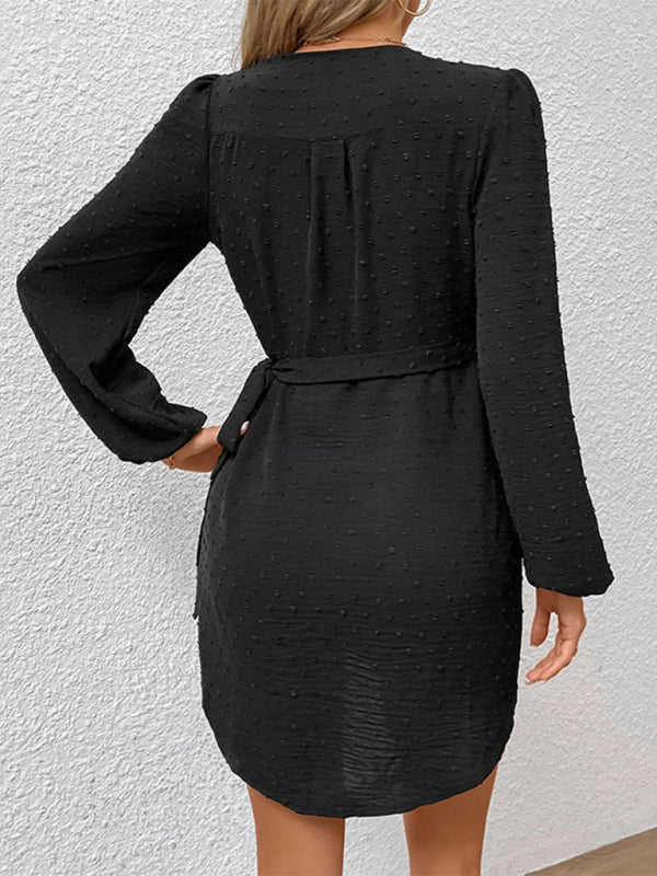 Women's Black Elegant Jacquard Long Sleeve Dress