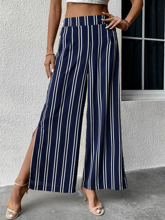 Women's striped commuter style slit high waist wide leg pants