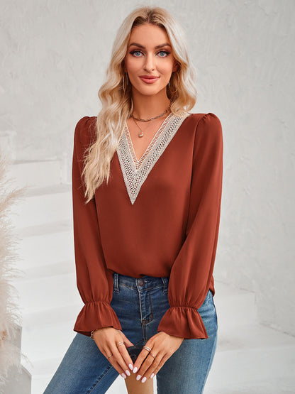 Women's casual solid color v-neck lace ruffle sleeve loose top