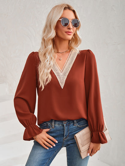 Women's casual solid color v-neck lace ruffle sleeve loose top