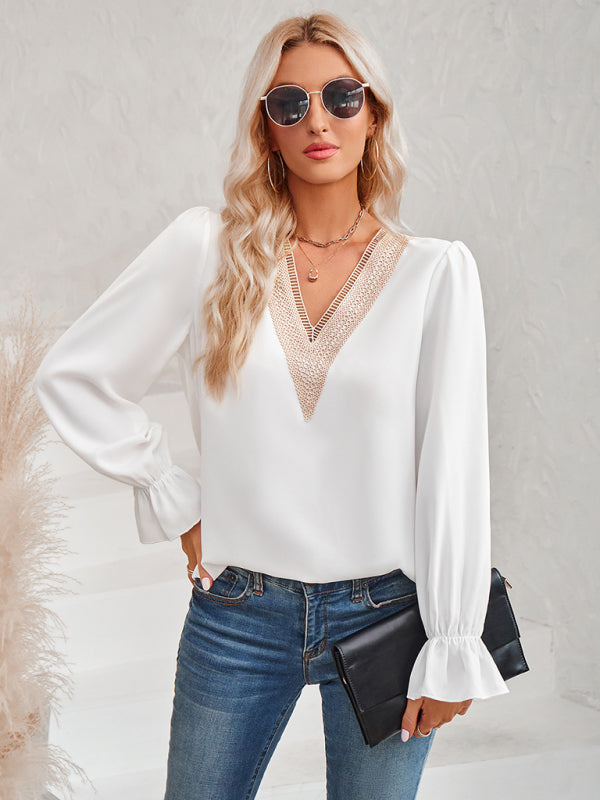 Women's casual solid color v-neck lace ruffle sleeve loose top