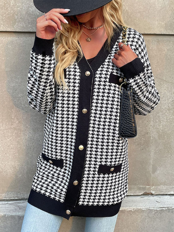 Women's Fashion Coat Long Sleeve Houndstooth Sweater Cardigan Mid Length