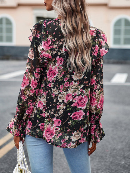 New women's elegant commuter floral long-sleeved shirt