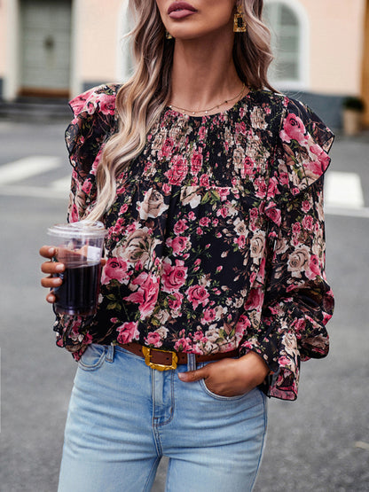 New women's elegant commuter floral long-sleeved shirt