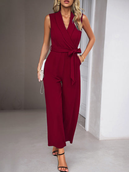 New women's elegant V-neck tie commuter sleeveless jumpsuit