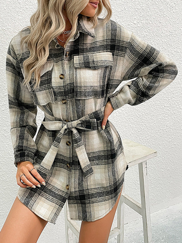 New Ladies Casual Long Plaid Shirt Jacket