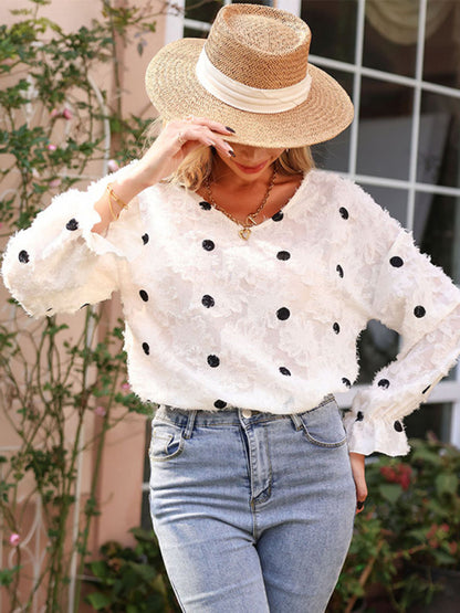 Women's Top Long Sleeve V Neck Polka Dot White Shirt