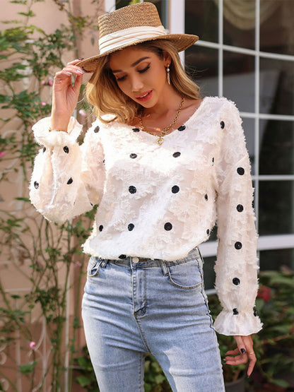 Women's Top Long Sleeve V Neck Polka Dot White Shirt