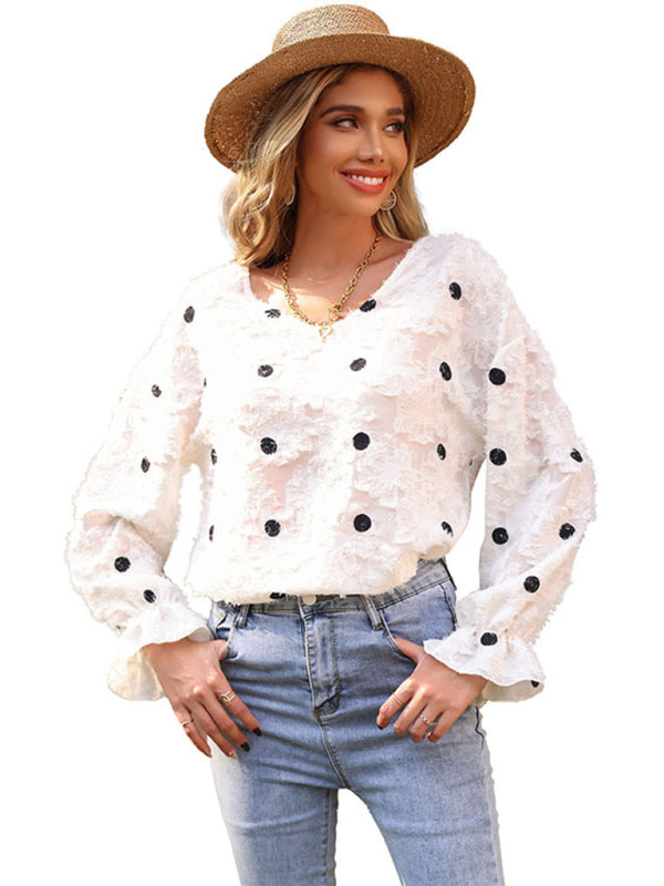 Women's Top Long Sleeve V Neck Polka Dot White Shirt