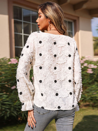 Women's Top Long Sleeve V Neck Polka Dot White Shirt