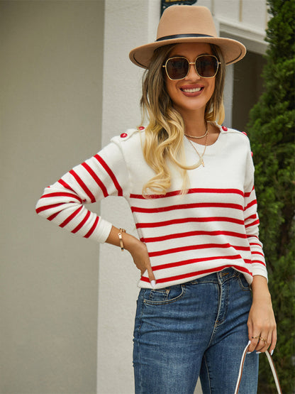 Pullover Button Sweater Stripe Stitching Fashion Knitwear