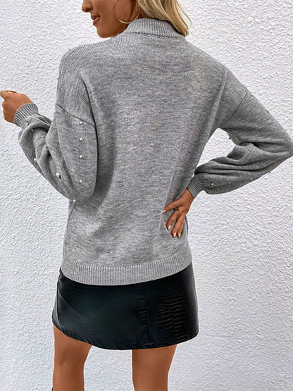 Long sleeve solid color beaded loose pullover sweater