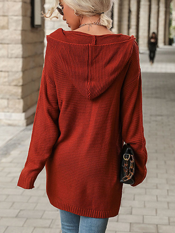 Red Long Sleeve Hooded Cardigan Jacket