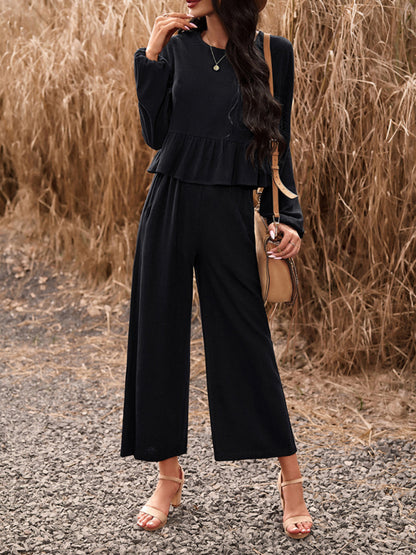 Temperament casual suit solid color long-sleeved top loose trousers