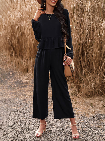 Temperament casual suit solid color long-sleeved top loose trousers