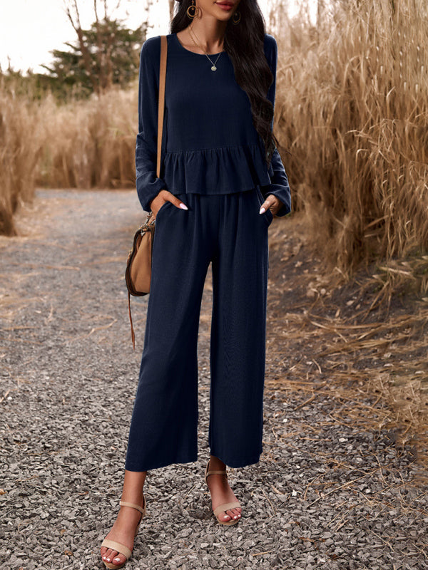 Temperament casual suit solid color long-sleeved top loose trousers