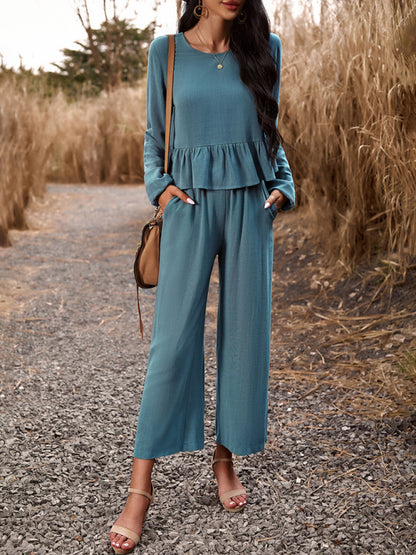 Temperament casual suit solid color long-sleeved top loose trousers