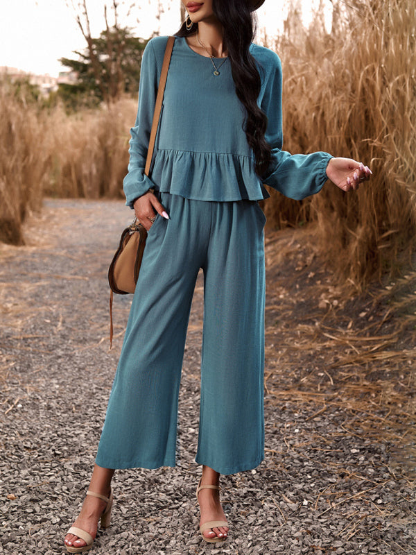 Temperament casual suit solid color long-sleeved top loose trousers