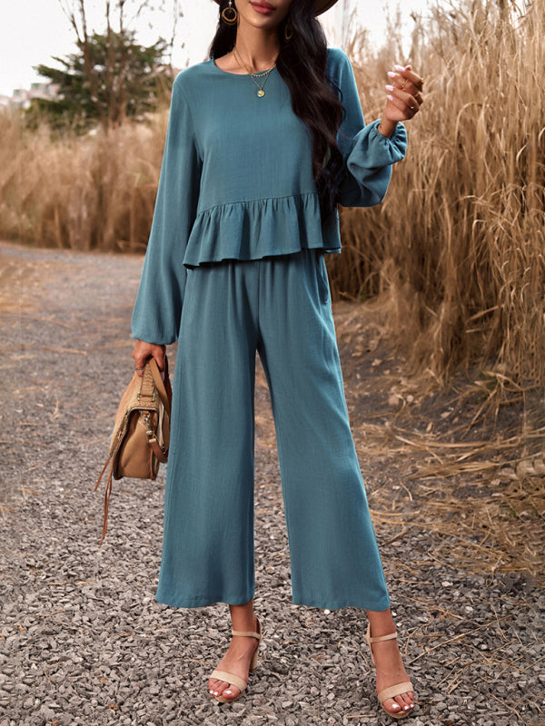 Temperament casual suit solid color long-sleeved top loose trousers