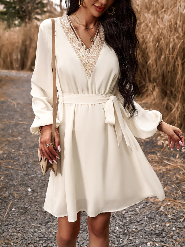 Women's elegant V-neck long-sleeved dress