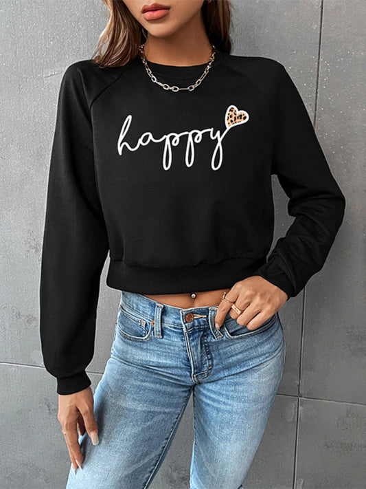 New Women's HAPPY Leopard Letters Love Print Short Long Sleeve Sweatshirt