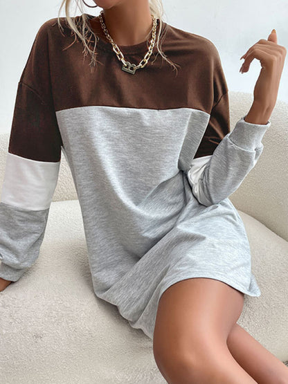 Fashion women's long sleeve color block sweatshirt dress