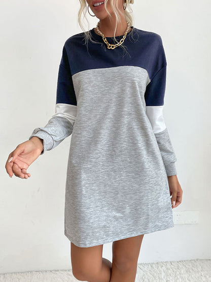 Fashion women's long sleeve color block sweatshirt dress