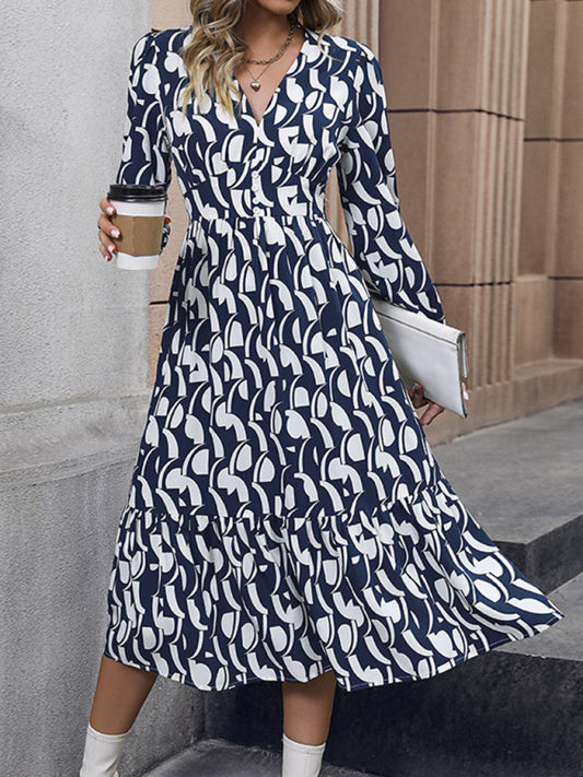 New Elegant Long Sleeve Printed Waist Dress