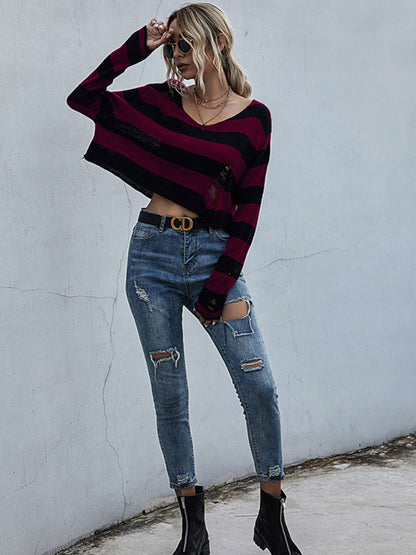 New women's striped v-neck loose short knitted bottoming sweater