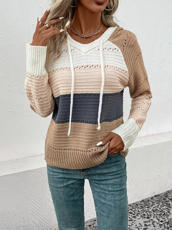 New women's hooded color block pullover sweater