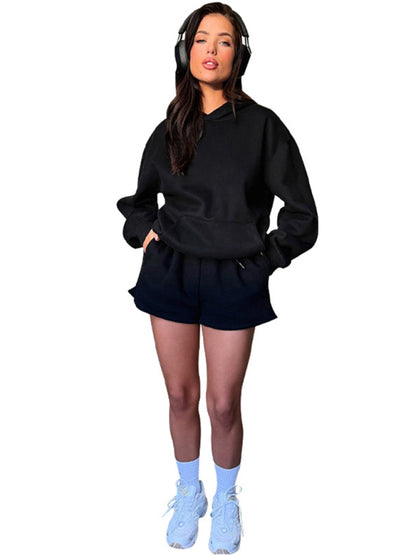 Women's new fashion loose solid color sweatshirt shorts set