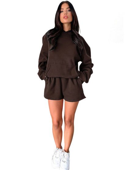 Women's new fashion loose solid color sweatshirt shorts set