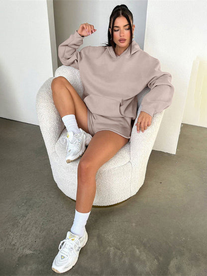 Women's new fashion loose solid color sweatshirt shorts set