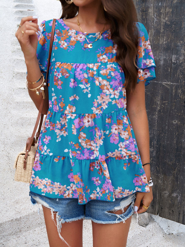 Women's elegant casual printed short-sleeved top blouse